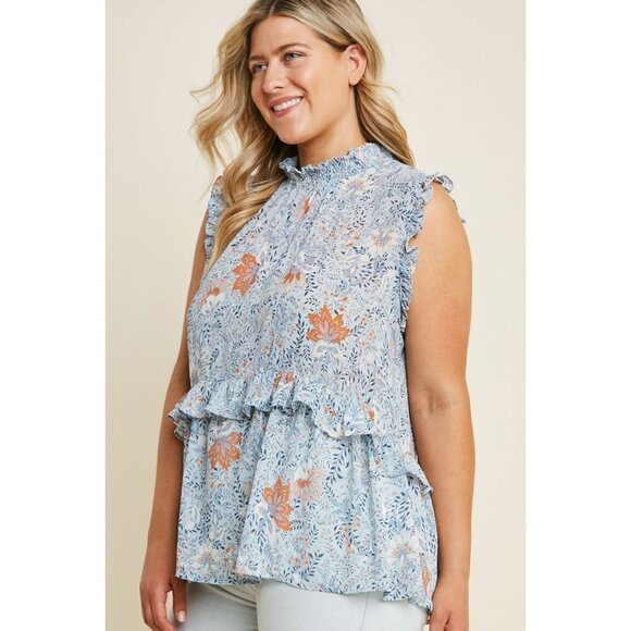 Hayden Plus Blue Mix Floral High Smock Neck Ruffle Top - Picture 4 of 5